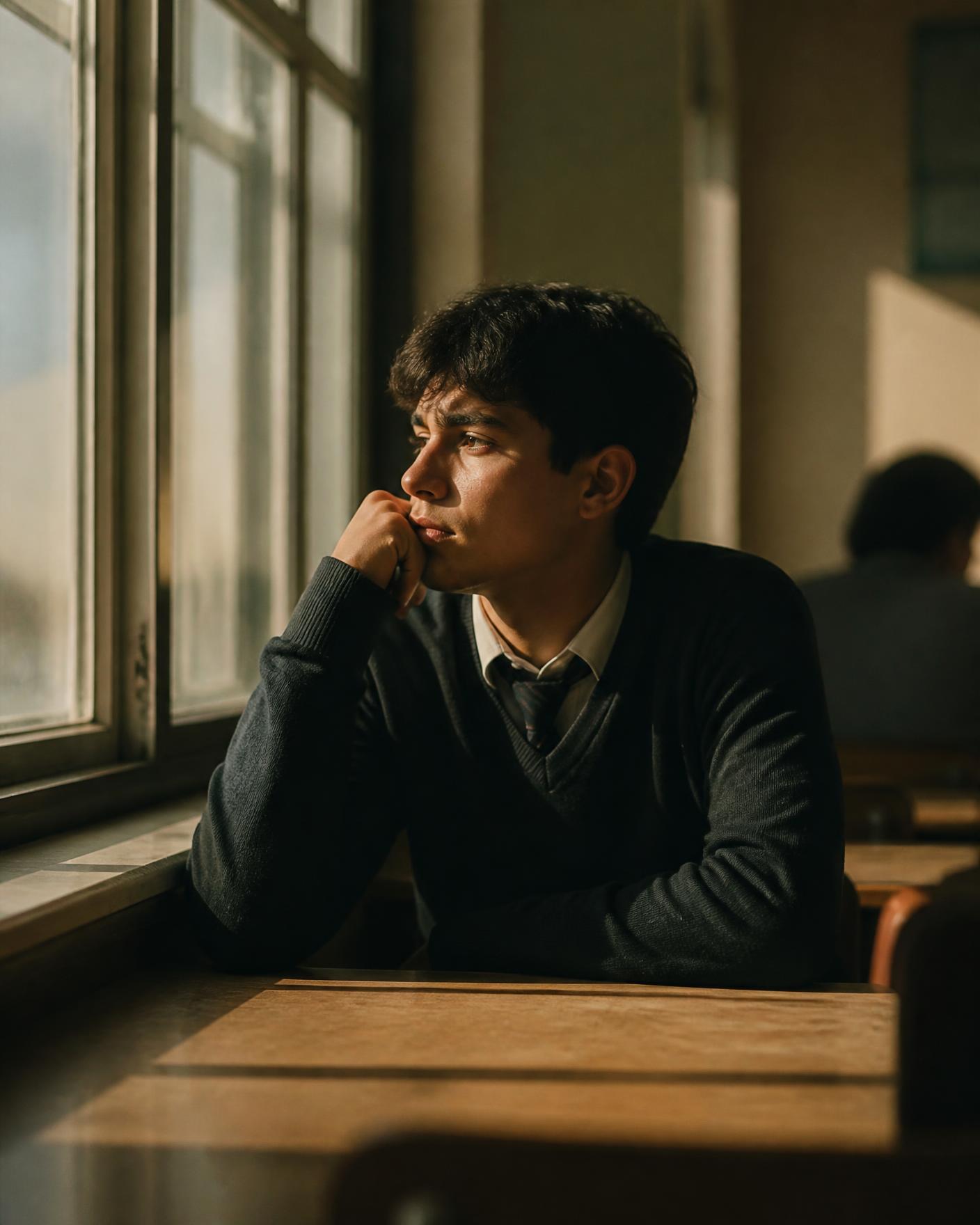 A student sitting quietly by a classroom window in morning light